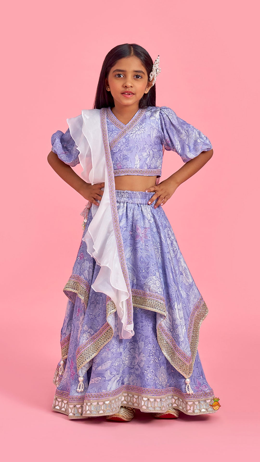 Purple Printed Lace Detailed Top And Flap Lehenga With Ruffled Layered Dupatta