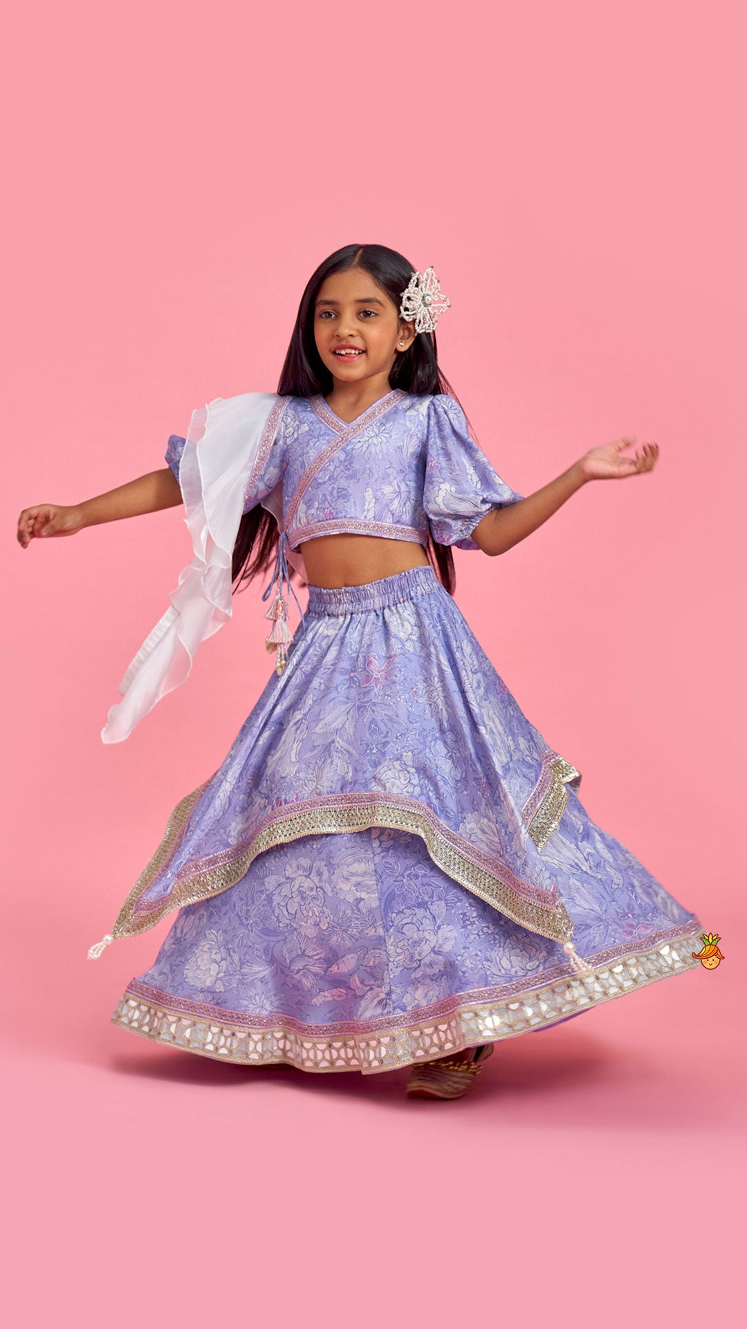 Purple Printed Lace Detailed Top And Flap Lehenga With Ruffled Layered Dupatta