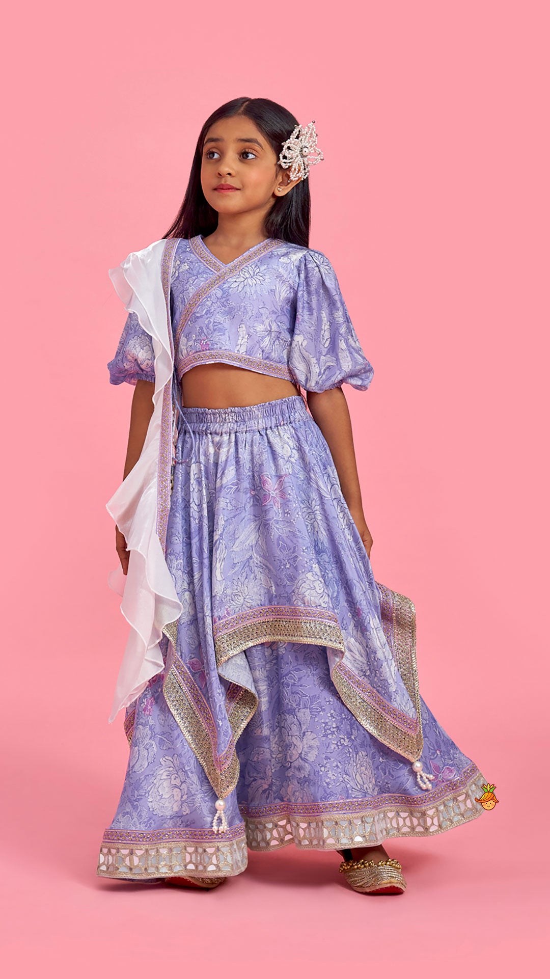 Purple Printed Lace Detailed Top And Flap Lehenga With Ruffled Layered Dupatta