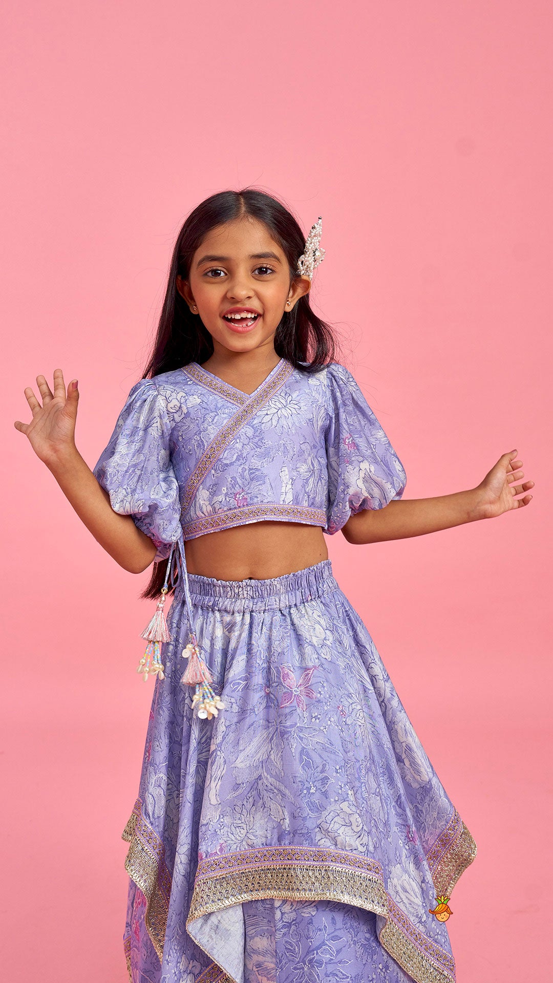 Purple Printed Lace Detailed Top And Flap Lehenga With Ruffled Layered Dupatta