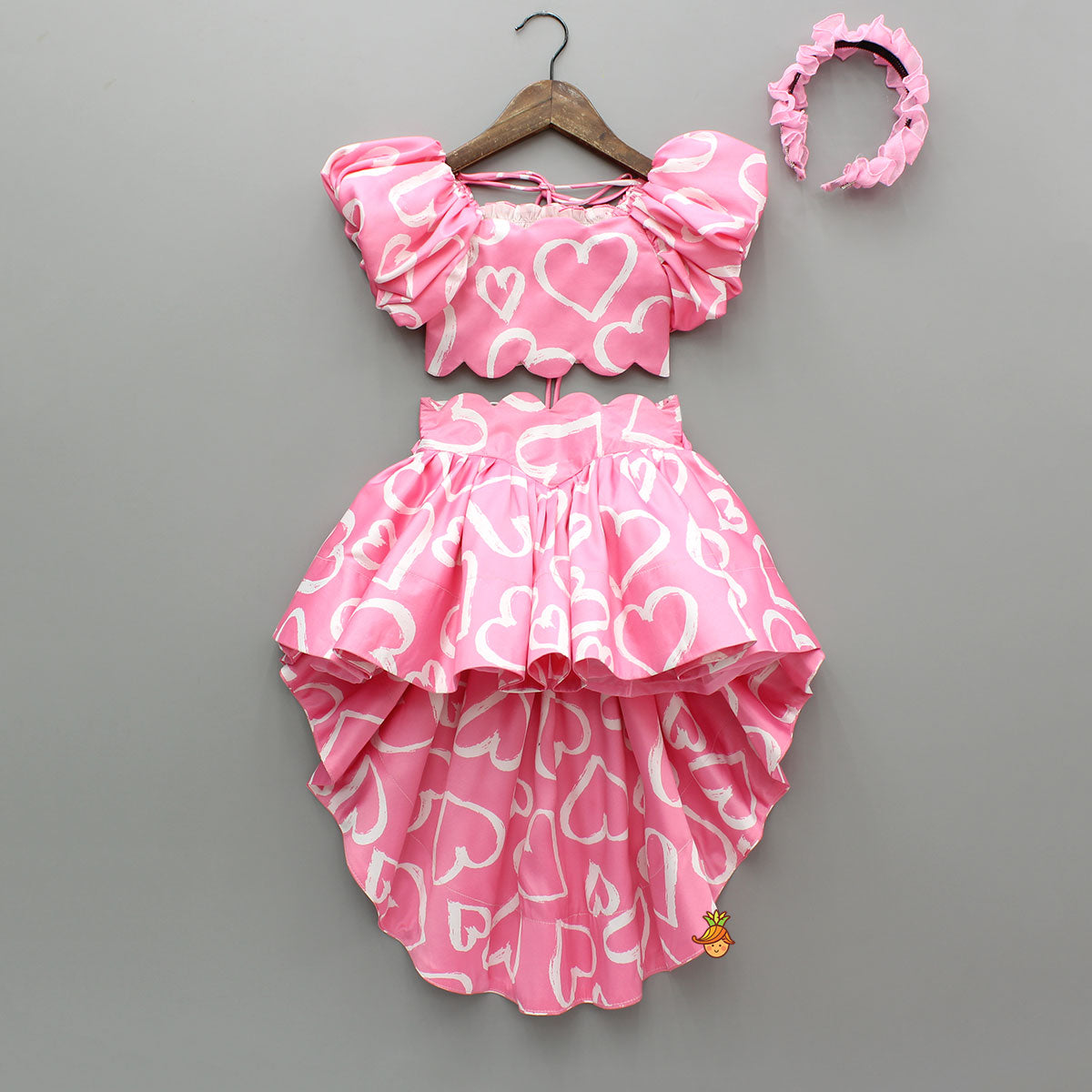 Pink Printed Smocked Top And High Low Skirt With Hairband
