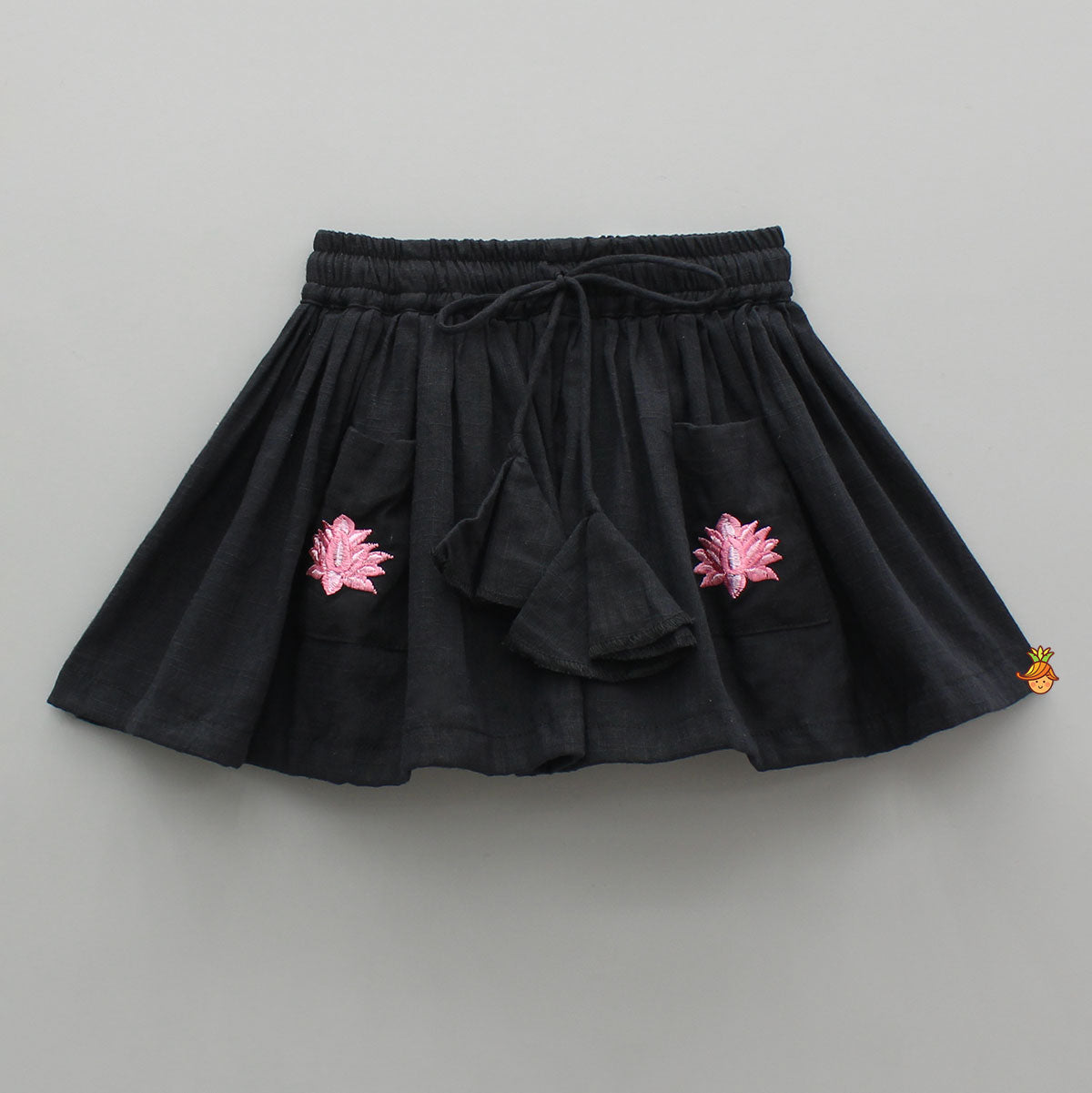 Cute Floral Embroidered Black Crop Top With Skorts