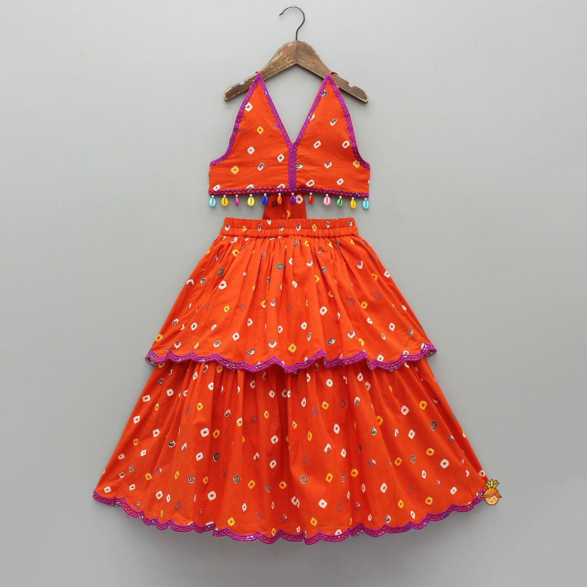 Orange Multicolour Printed Embroidered Tie Up Strappy Top and Layered Lehenga
