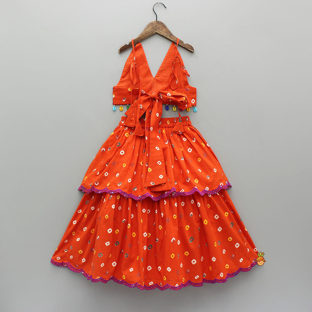 Orange Multicolour Printed Embroidered Tie Up Strappy Top and Layered Lehenga