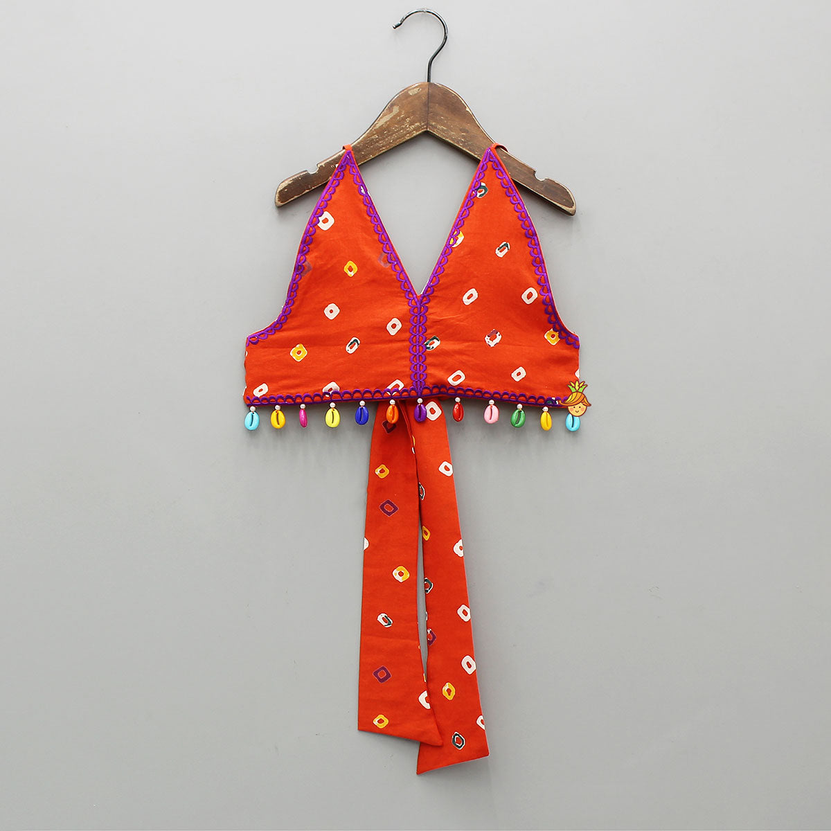 Orange Multicolour Printed Embroidered Tie Up Strappy Top and Layered Lehenga