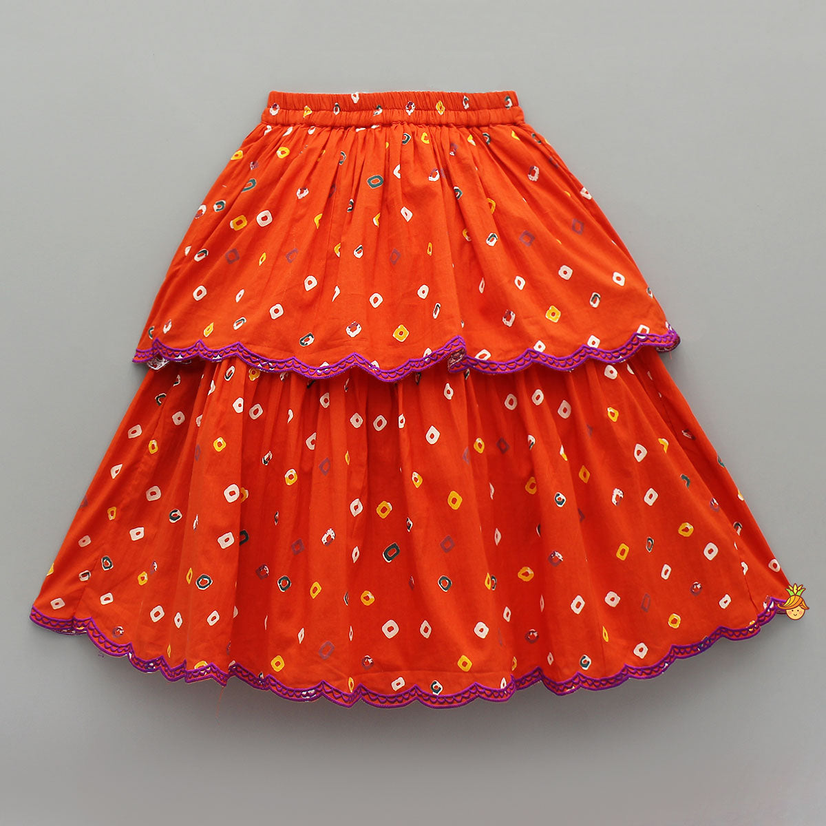 Orange Multicolour Printed Embroidered Tie Up Strappy Top and Layered Lehenga