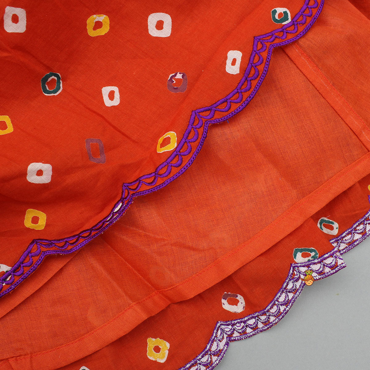 Orange Multicolour Printed Embroidered Tie Up Strappy Top and Layered Lehenga