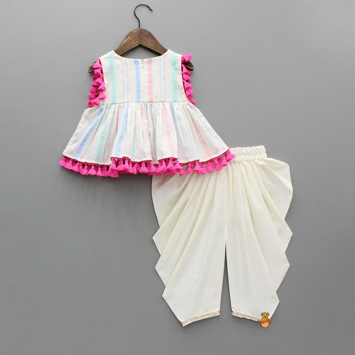 Off White Peplum Top With Tassel Detailing And Dhoti