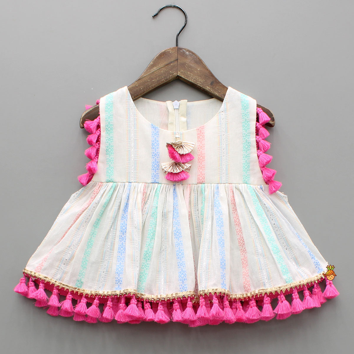 Off White Peplum Top With Tassel Detailing And Dhoti