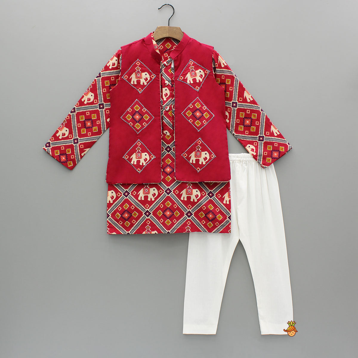 Red Patola Printed Kurta With Front Open Jacket And Pyjama