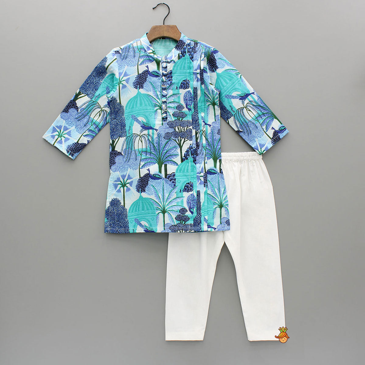 Blue Multicolour Printed Kurta With Pintuck Detail And Pyjama