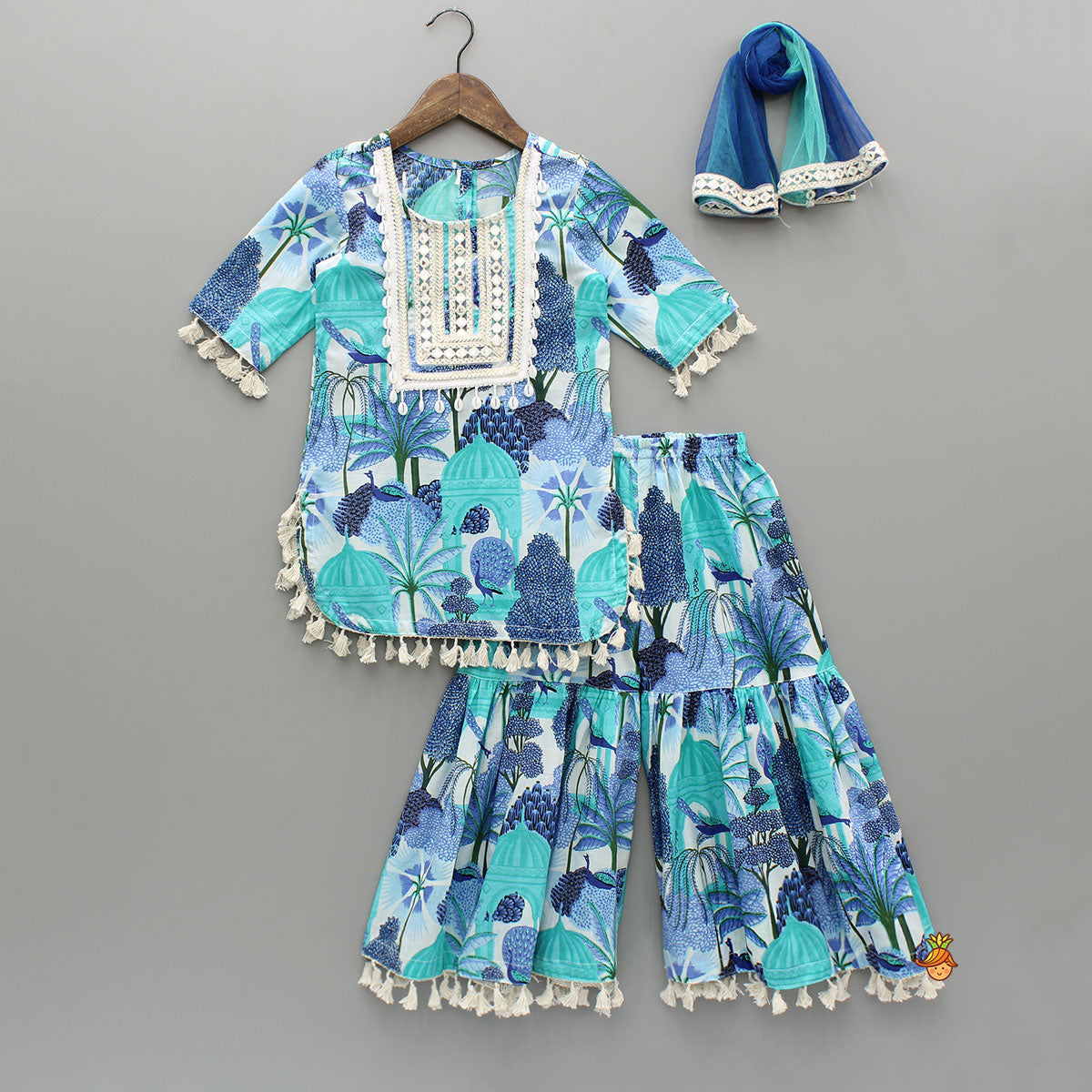 Blue Multicolour Printed Kurti And Sharara With Dupatta