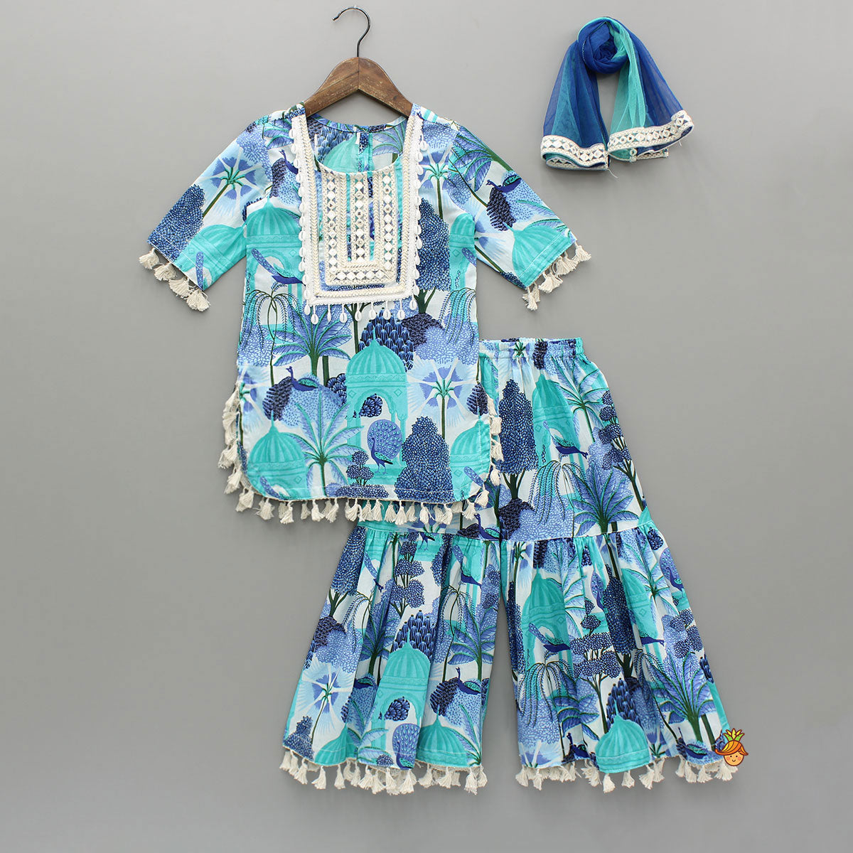Blue Multicolour Printed Kurti And Sharara With Dupatta