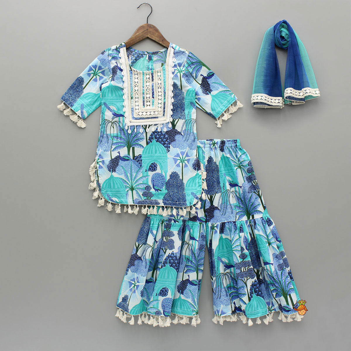 Blue Multicolour Printed Kurti And Sharara With Dupatta
