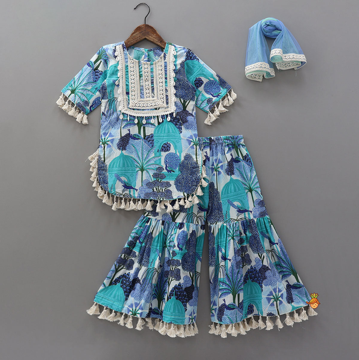 Multicolour Printed Kurti And Sharara With Dupatta