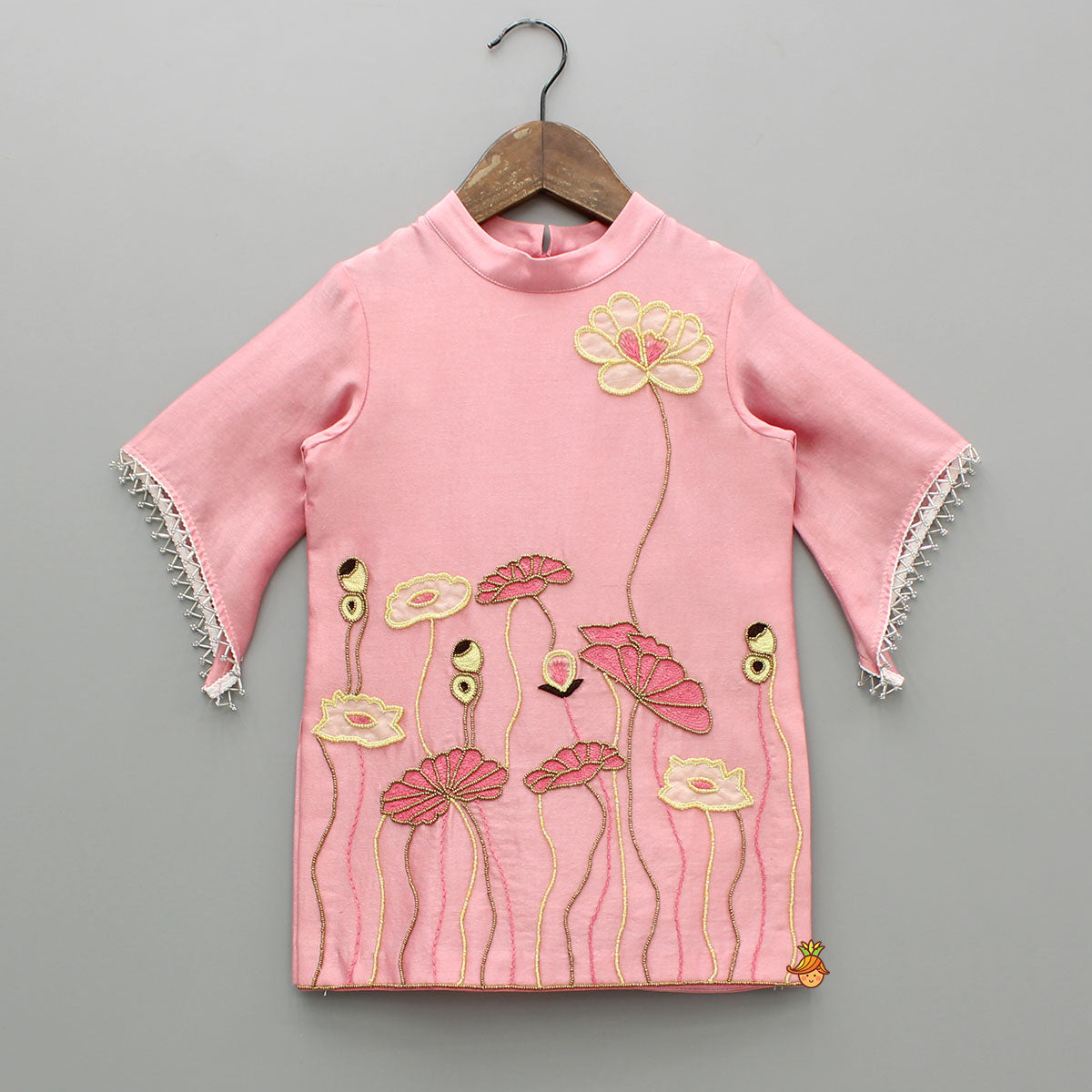 Pink Beaded Applique Embroidered Floral Kurta With Sharara