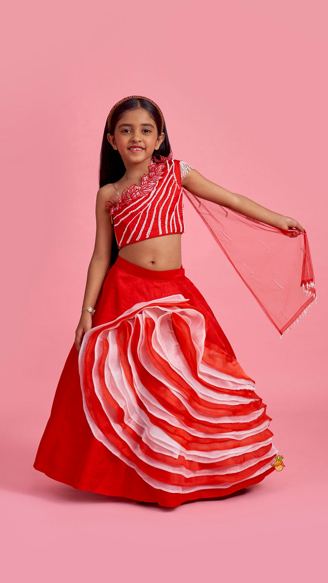 Red One Shoulder Embellished Top With Attached Dupatta And Stylish Lehenga