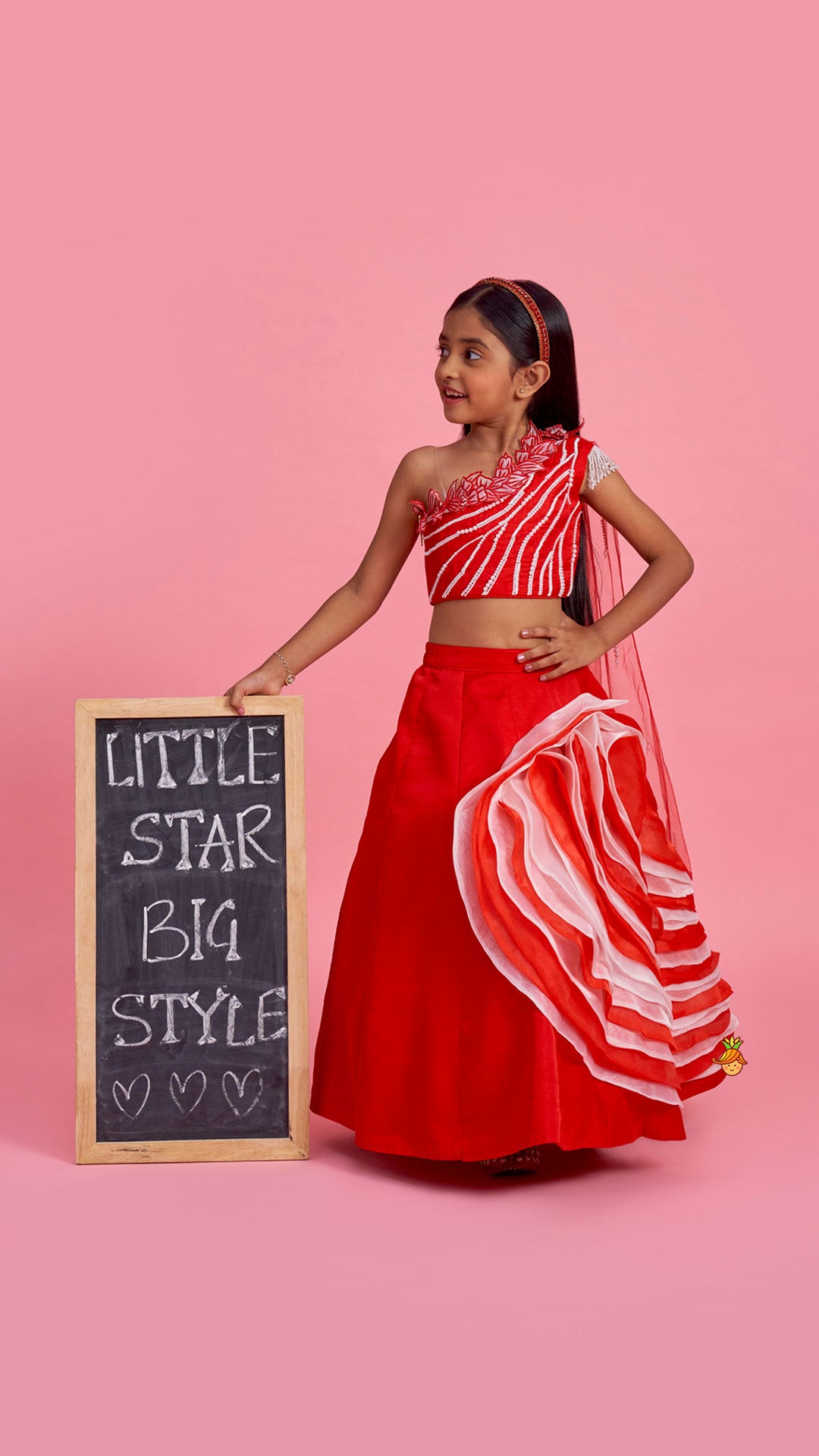 Red One Shoulder Embellished Top With Attached Dupatta And Stylish Lehenga