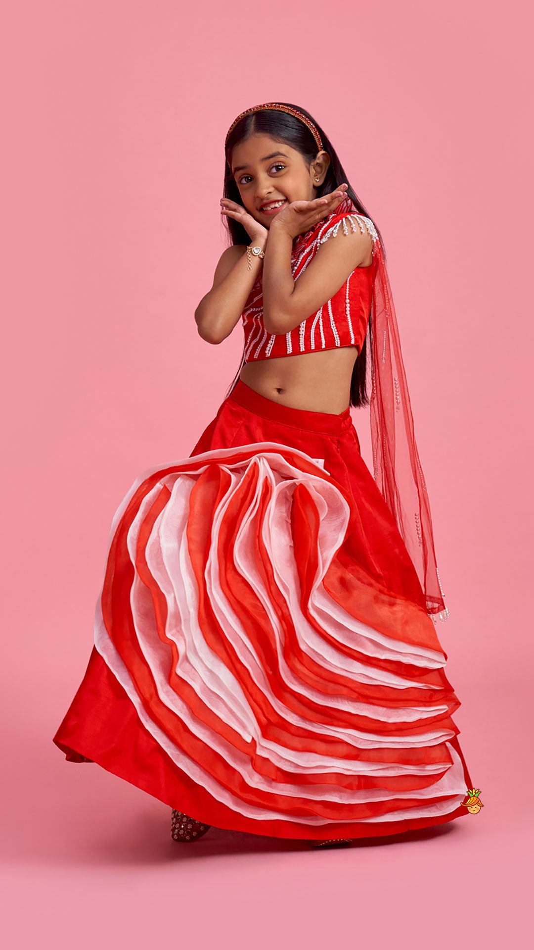 Red One Shoulder Embellished Top With Attached Dupatta And Stylish Lehenga