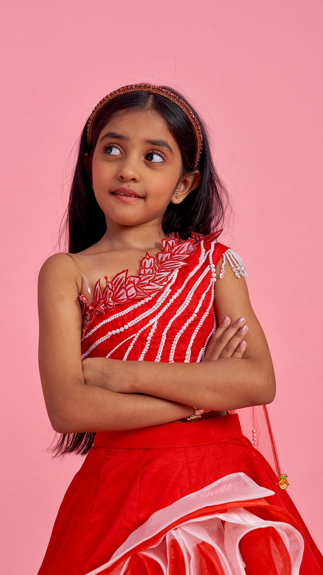 Red One Shoulder Embellished Top With Attached Dupatta And Stylish Lehenga