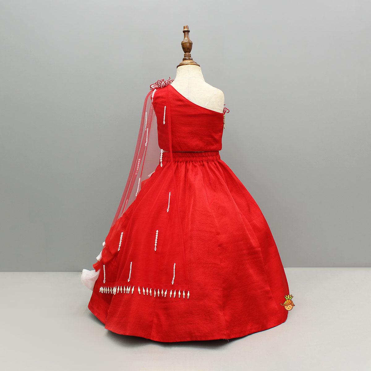 Red One Shoulder Embellished Top With Attached Dupatta And Stylish Lehenga