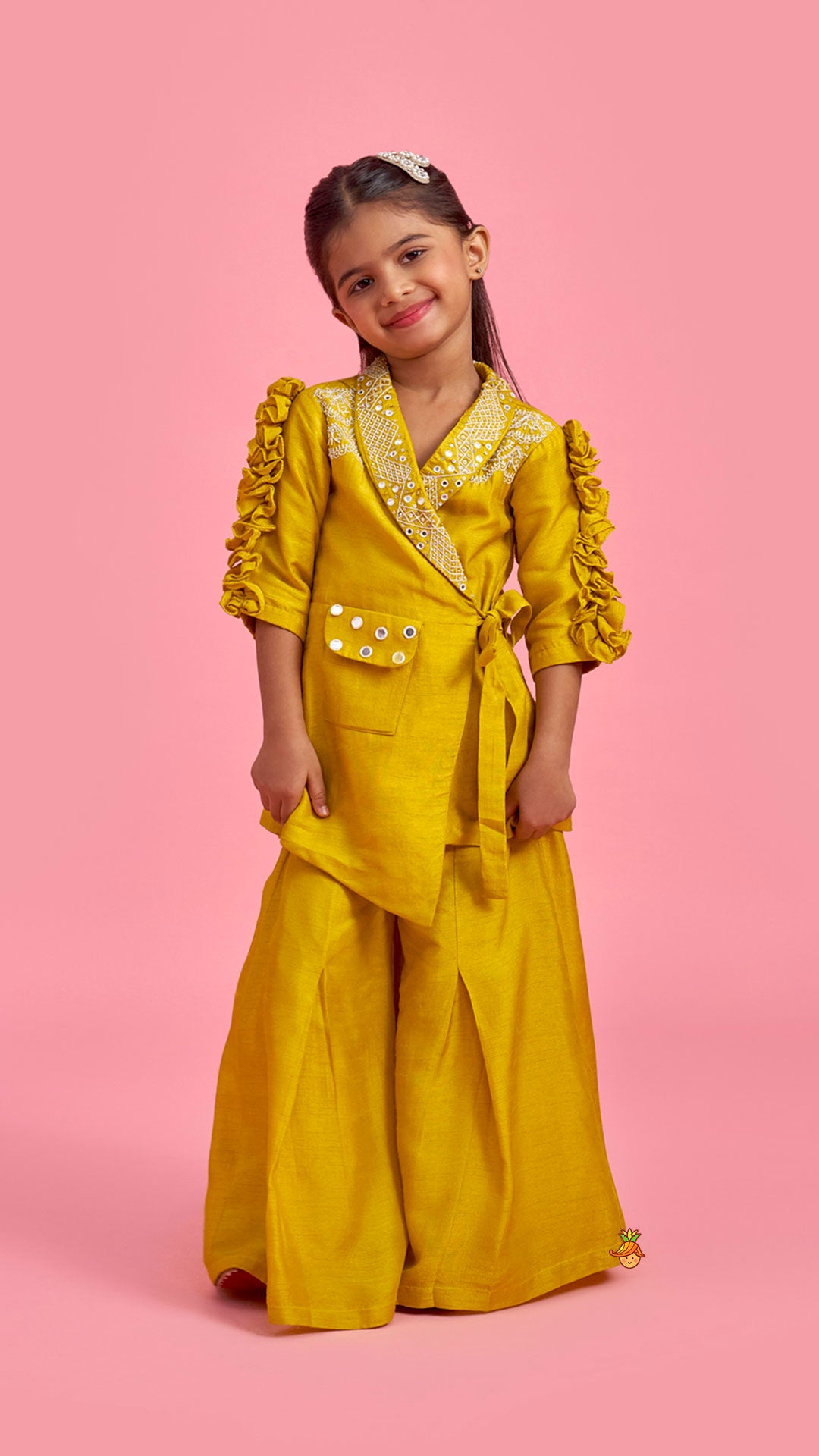 Mustard Embroidered Jacket Style Top And Pleated Palazzo