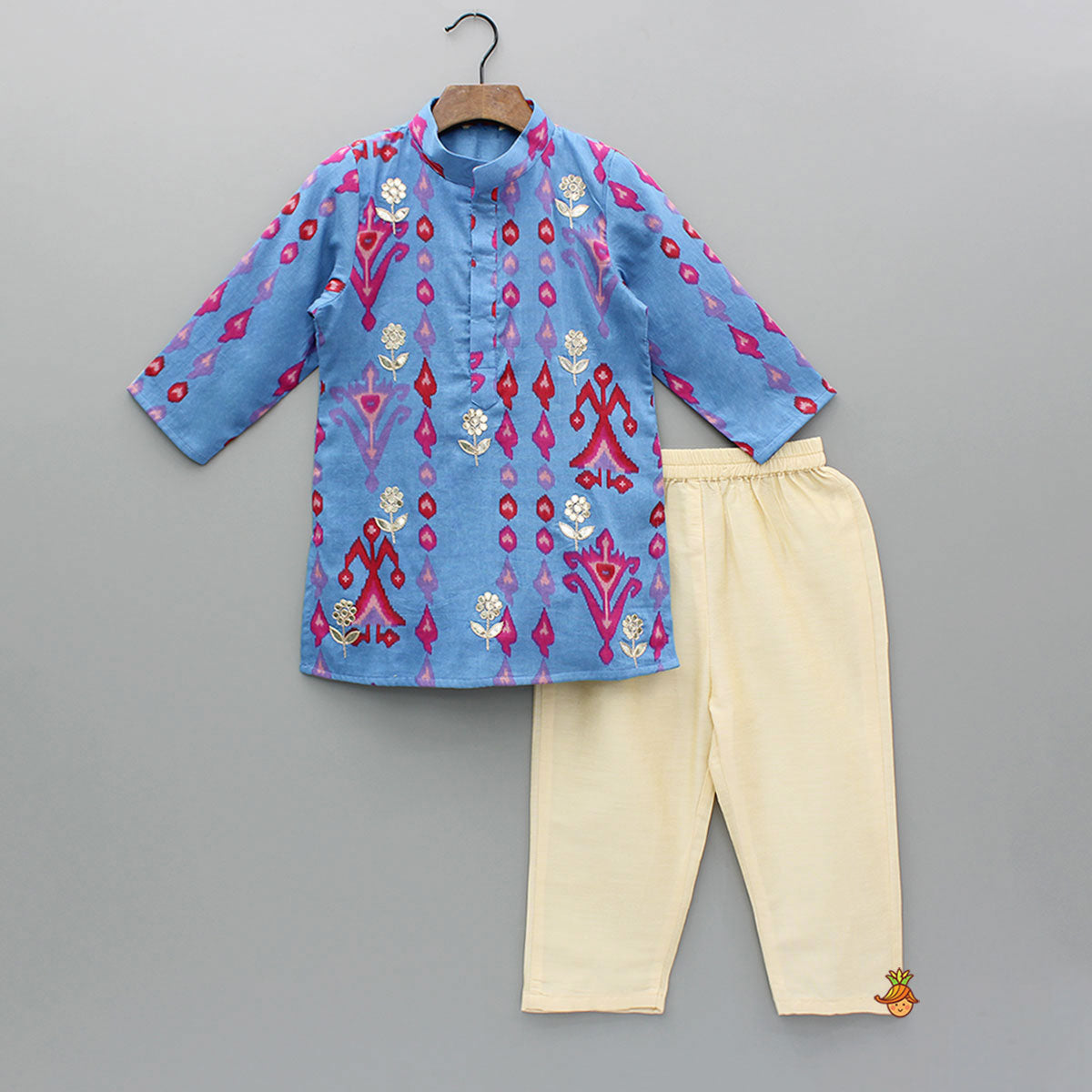 Blue Printed And Embroidered Kurta With Pyjama