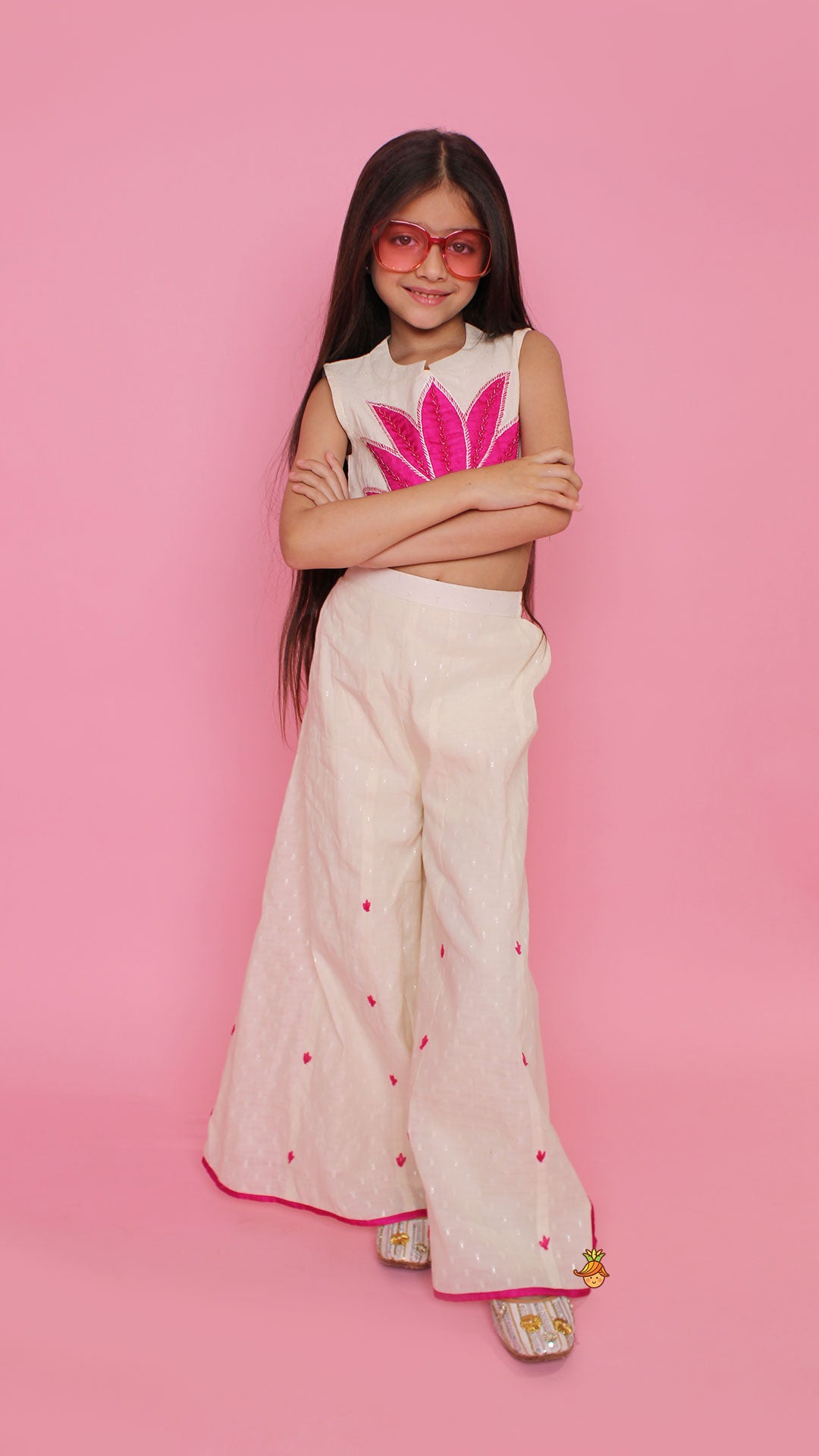 Off White Top With Pink Lotus Applique Embroidery And Palazzo