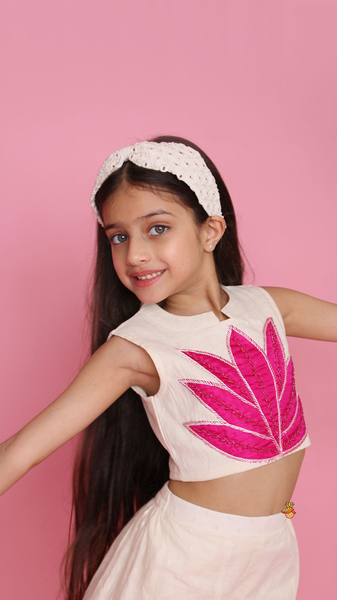 Off White Top With Pink Lotus Applique Embroidery And Palazzo