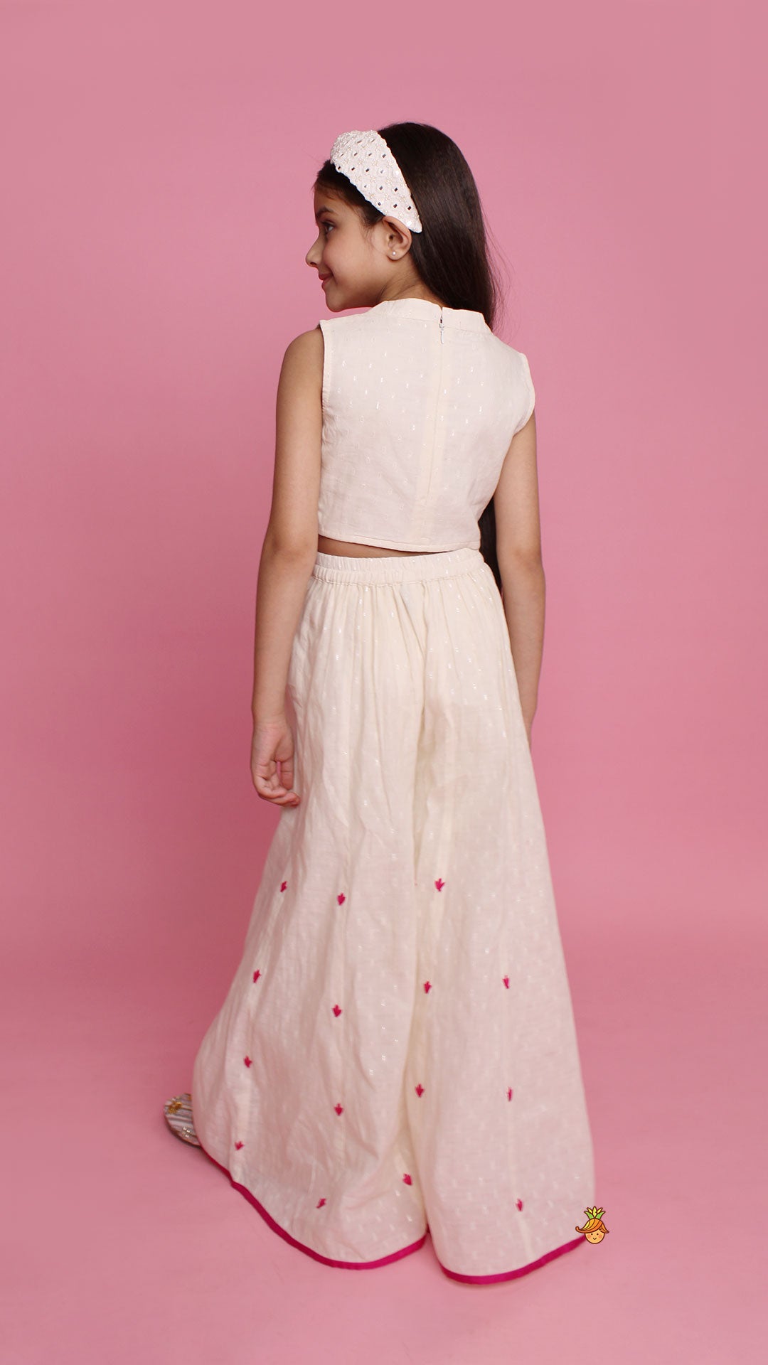 Off White Top With Pink Lotus Applique Embroidery And Palazzo