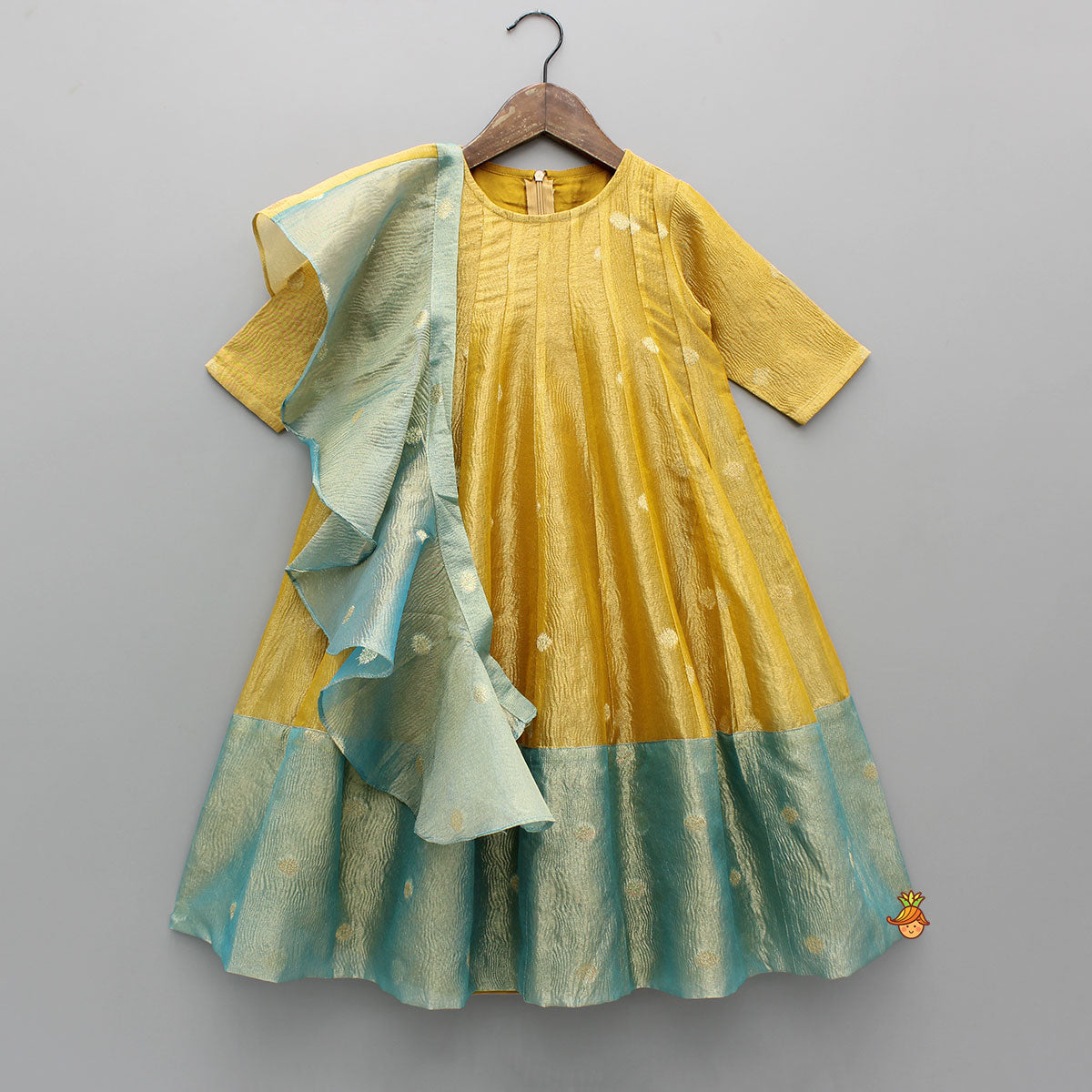 Contrast Panel Detailing Mustard Kurti And Matching Dupatta