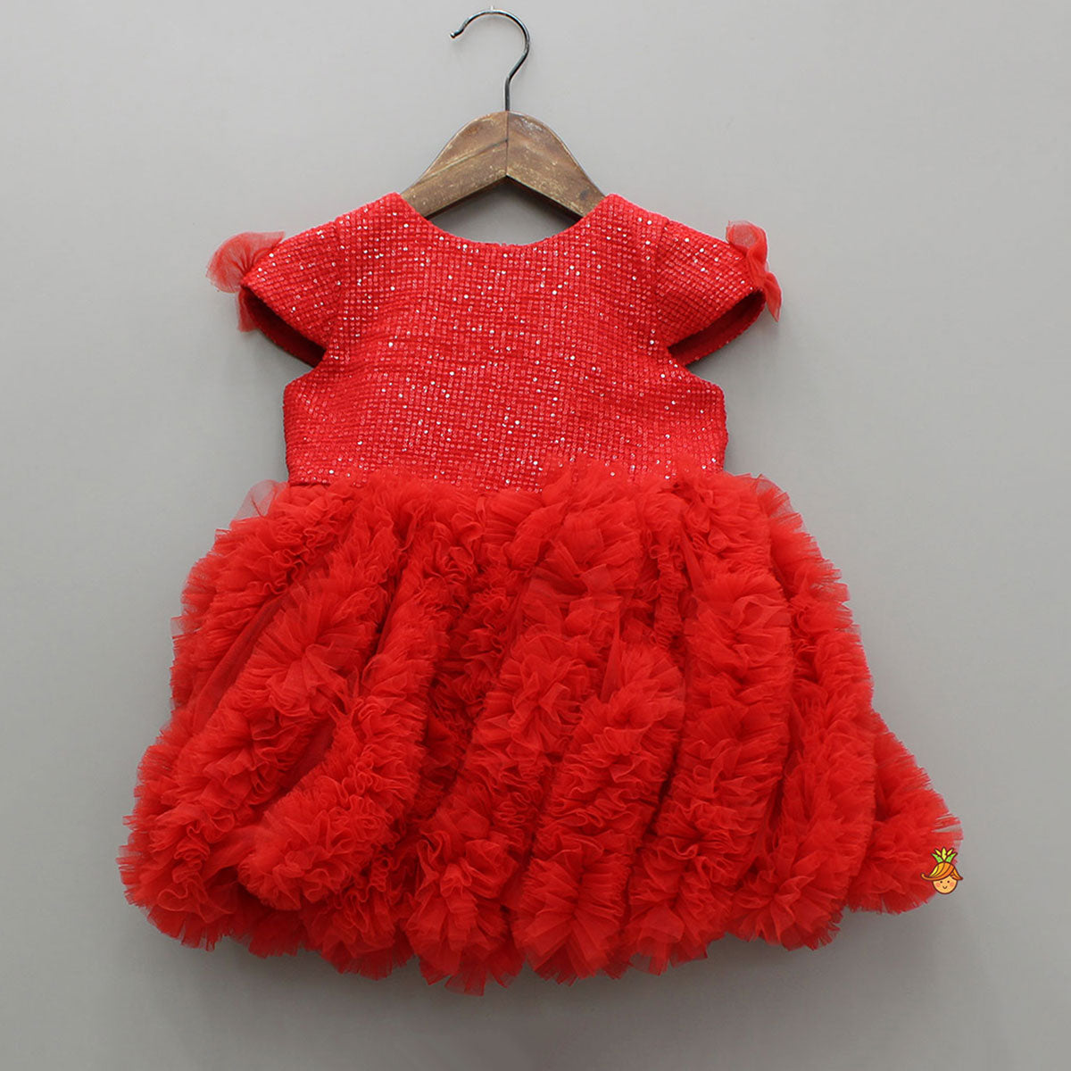 Red Sequin Embellished Dress With Ruffled Details