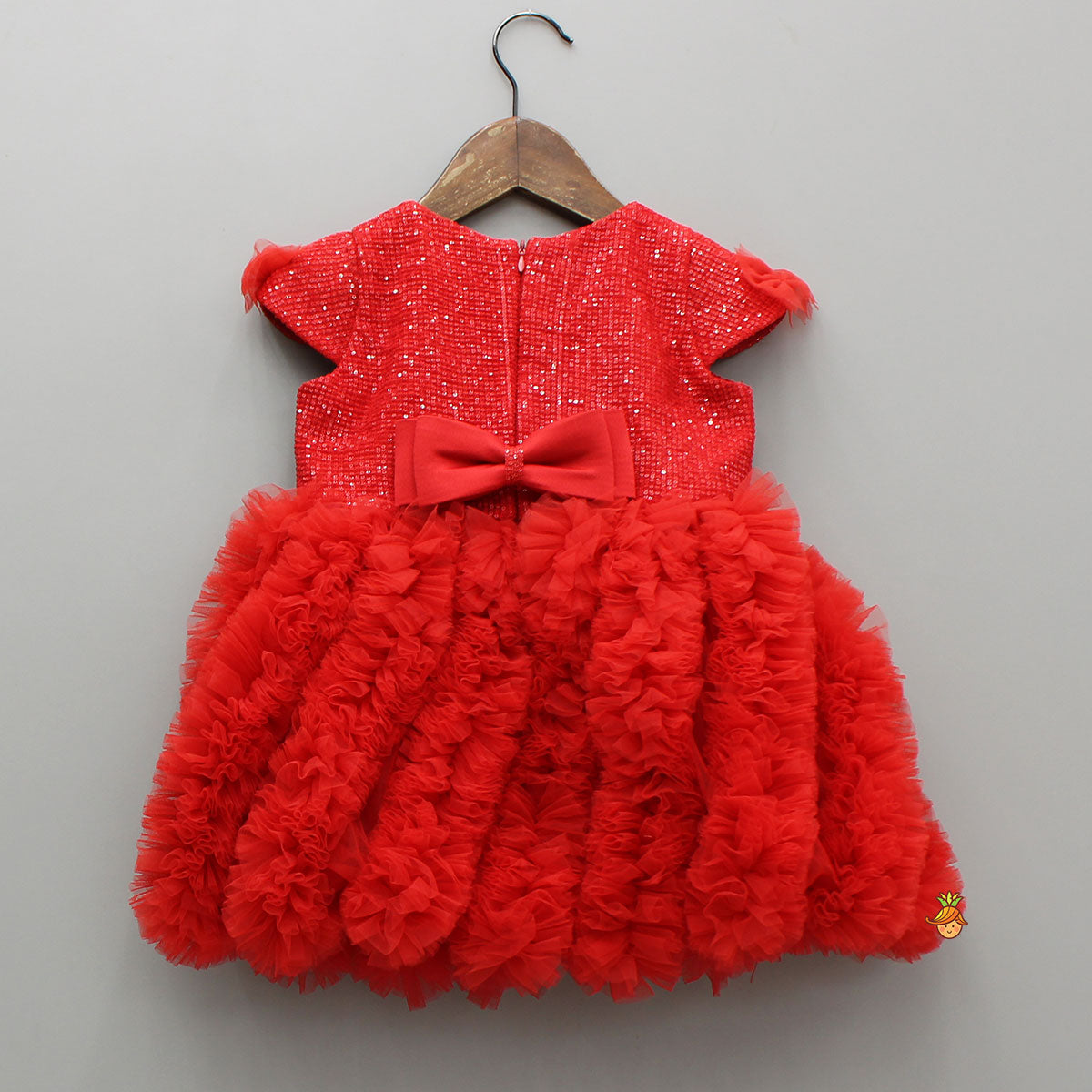 Red Sequin Embellished Dress With Ruffled Details
