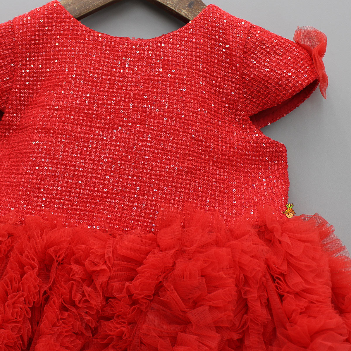 Red Sequin Embellished Dress With Ruffled Details