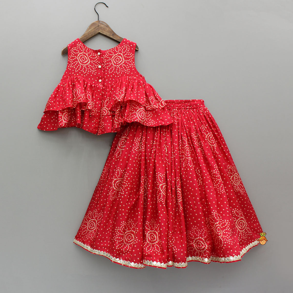 Red Printed Embroidered Layered Top And Flared Lehenga