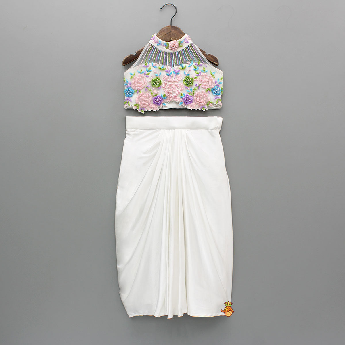 White Embroidered Embellished Halter Neck Top With Dhoti Style Skirt