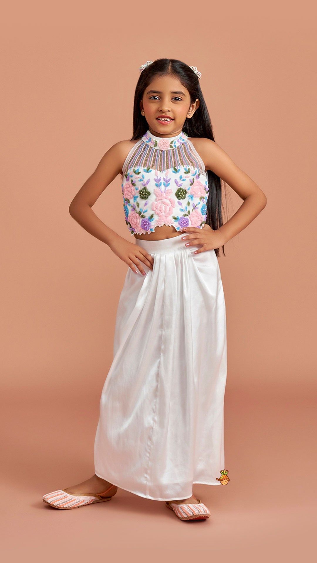 White Embroidered Embellished Halter Neck Top With Dhoti Style Skirt
