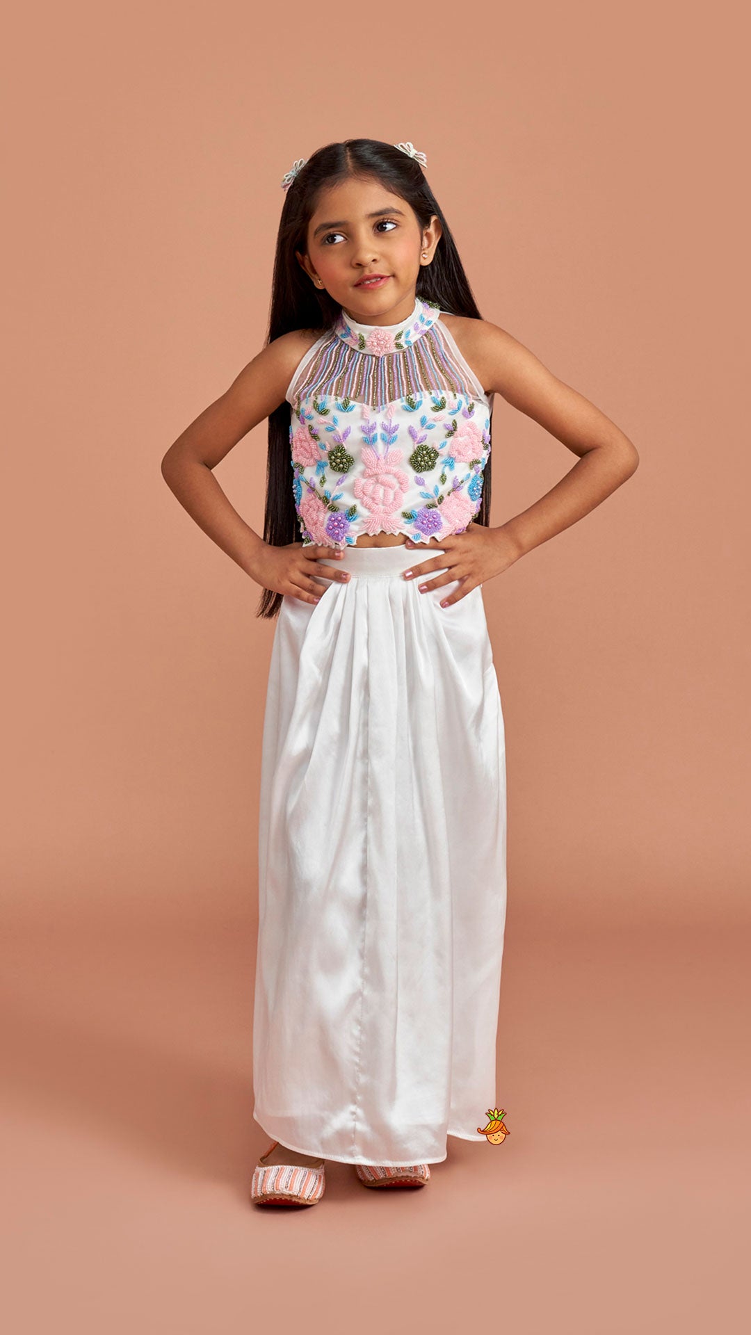 White Embroidered Embellished Halter Neck Top With Dhoti Style Skirt