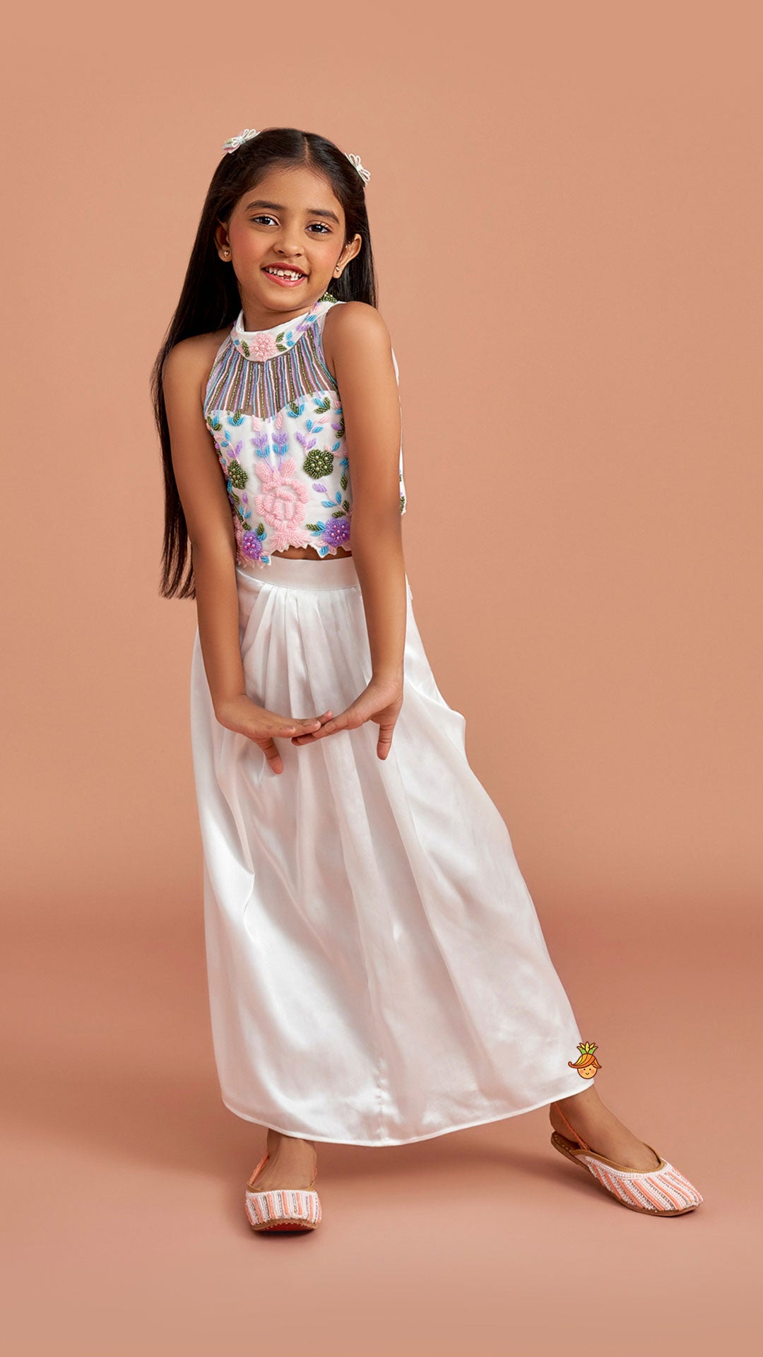 White Embroidered Embellished Halter Neck Top With Dhoti Style Skirt