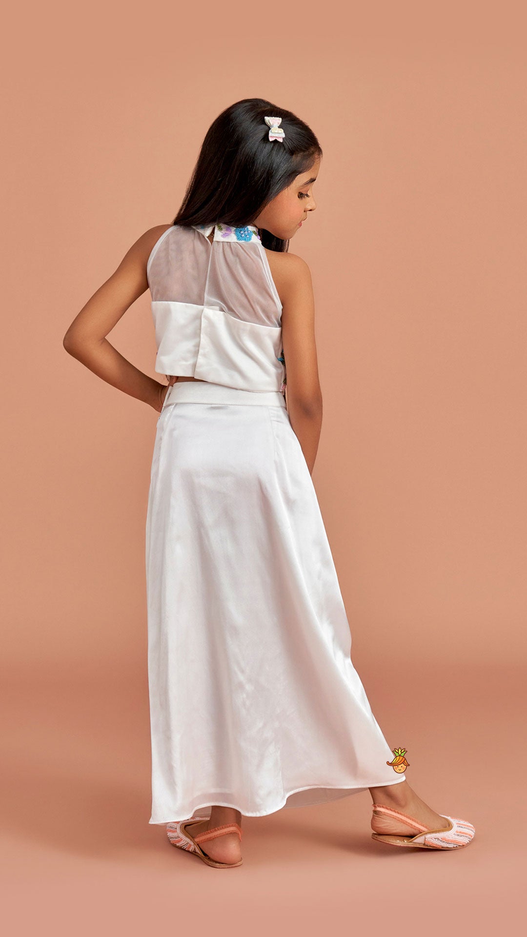 White Embroidered Embellished Halter Neck Top With Dhoti Style Skirt