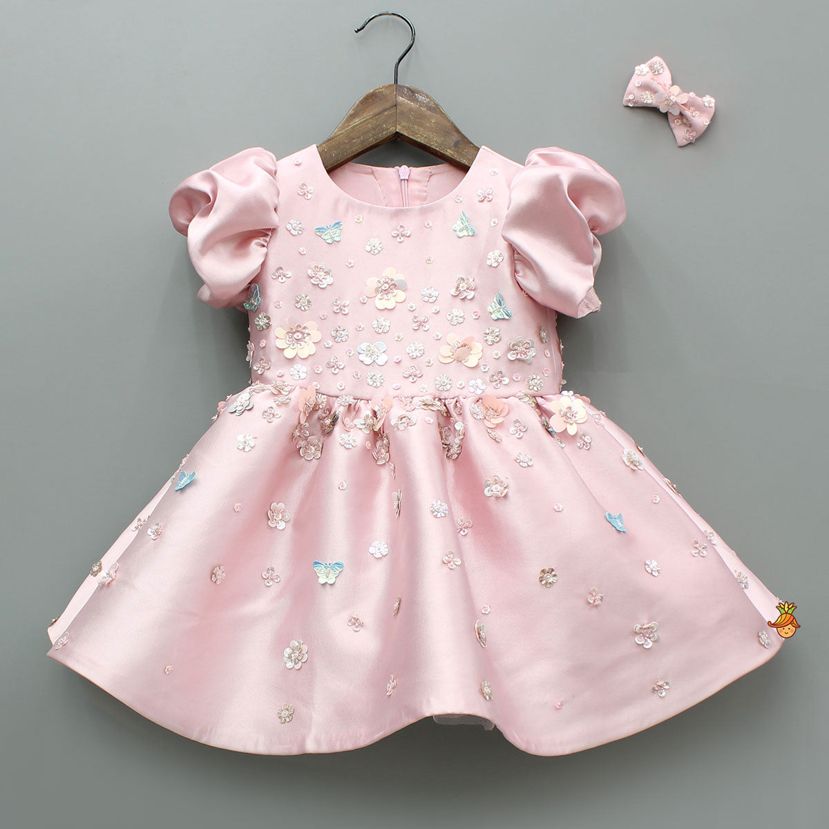 Pink Embellished Dress With Detachable Bow and Matching Hairclip