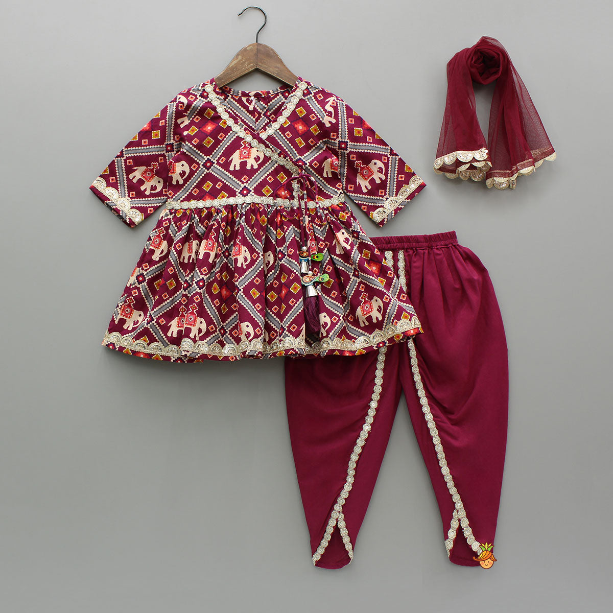 Beautiful Patola-Printed Angarkha Style Kurti And Dhoti With Dupatta