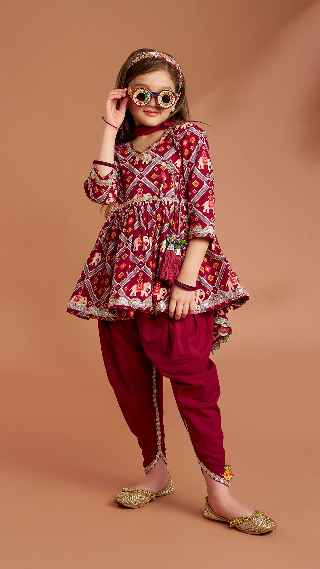 Beautiful Patola-Printed Angarkha Style Kurti And Dhoti With Dupatta