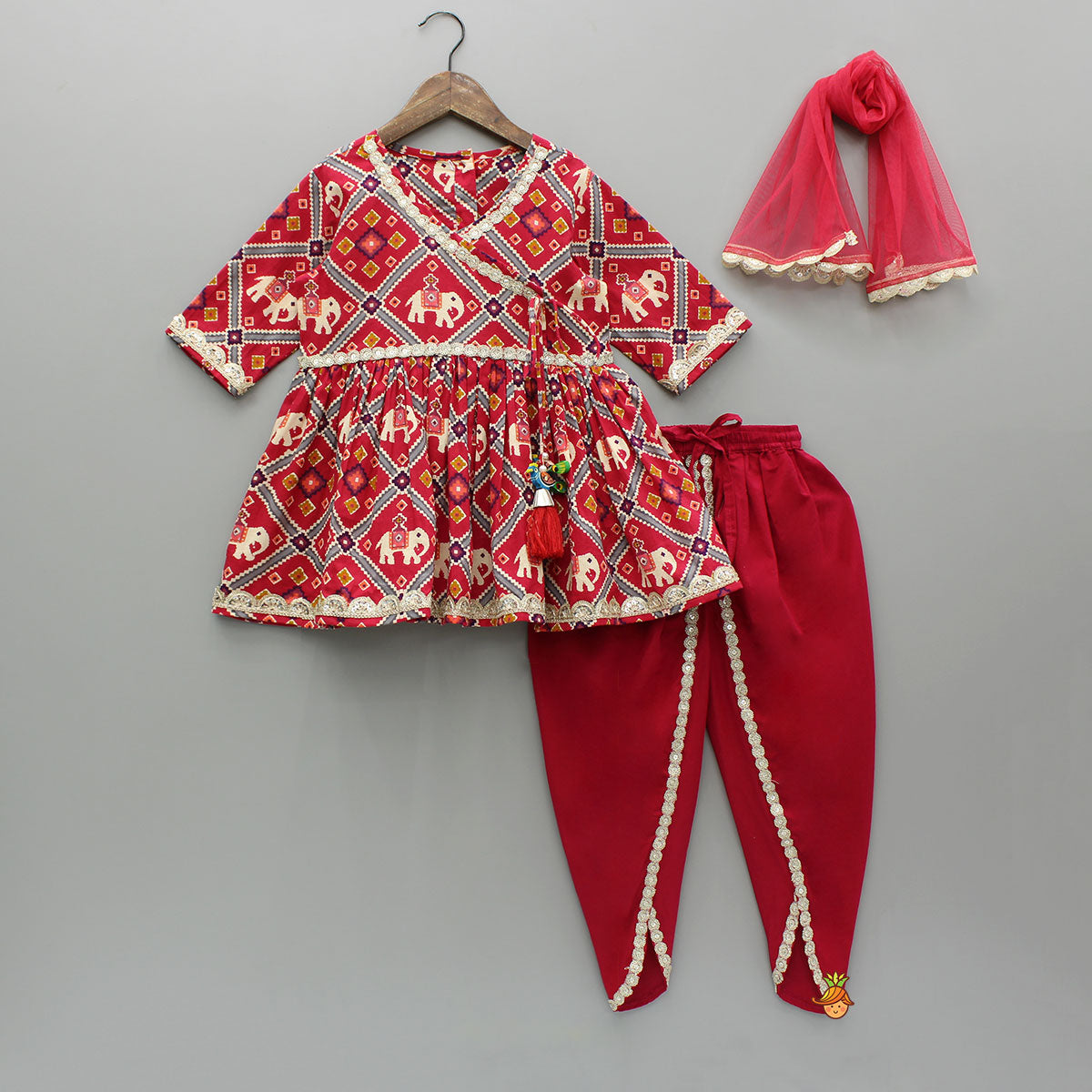 Beautiful Patola-Printed Angarkha Style Red Kurti And Dhoti With Dupatta