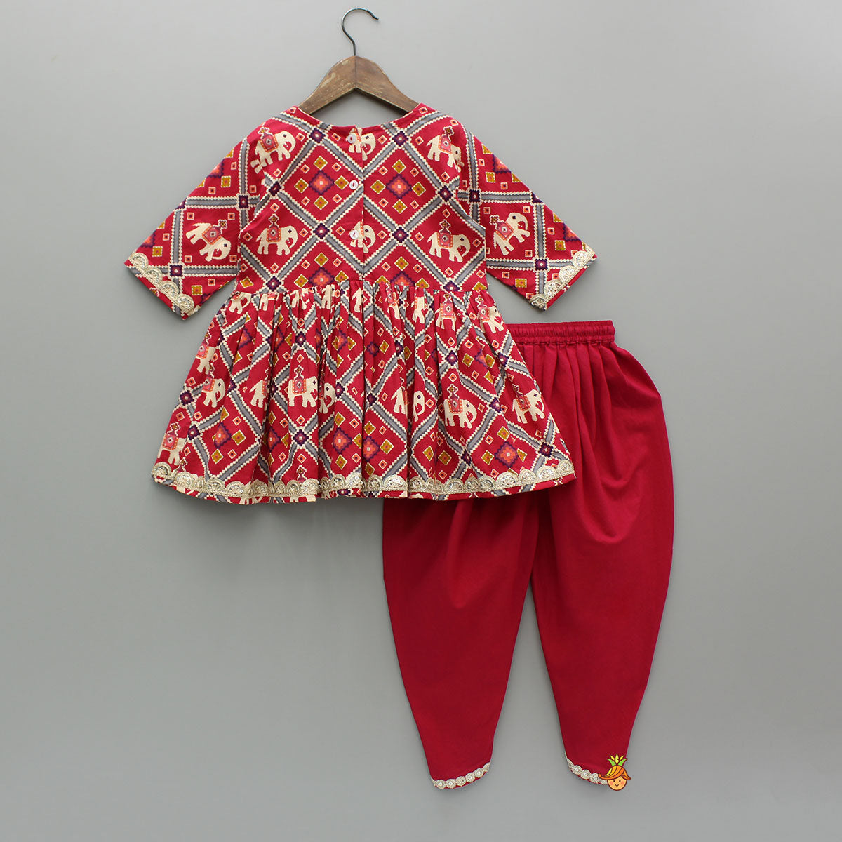 Beautiful Patola-Printed Angarkha Style Red Kurti And Dhoti With Dupatta