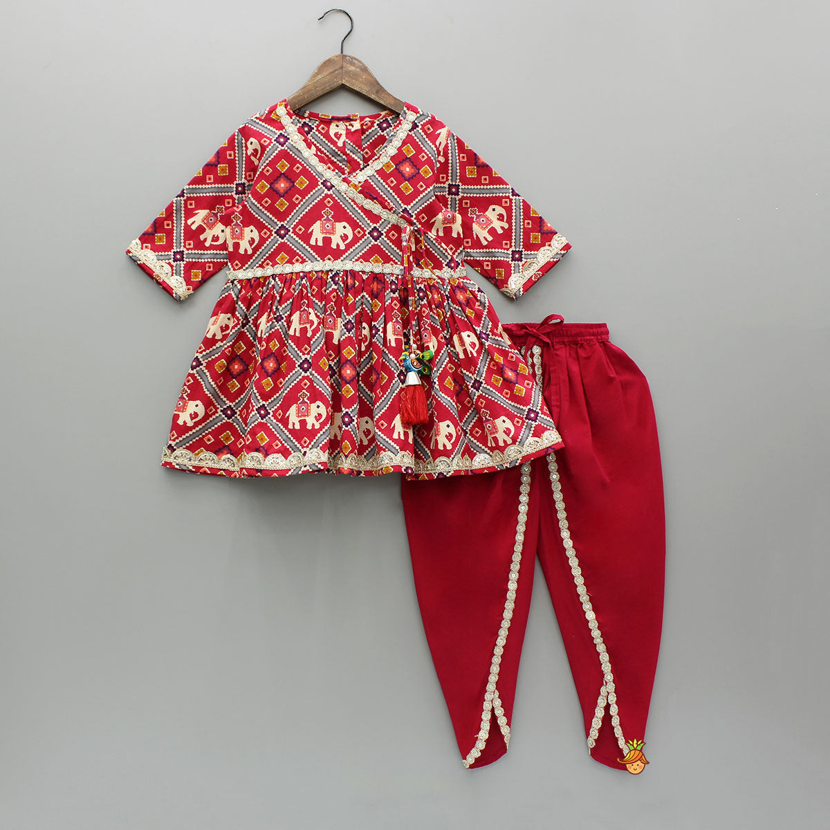 Beautiful Patola-Printed Angarkha Style Red Kurti And Dhoti With Dupatta