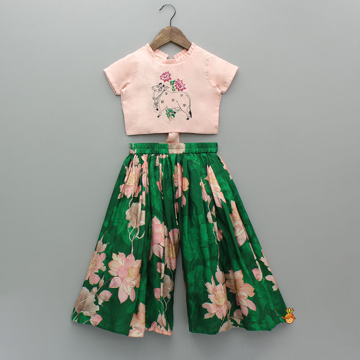 Pleated Neckline Peach Printed Top And Floral Printed Green Palazzo