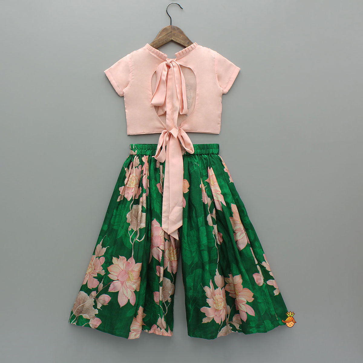 Pleated Neckline Peach Printed Top And Floral Printed Green Palazzo