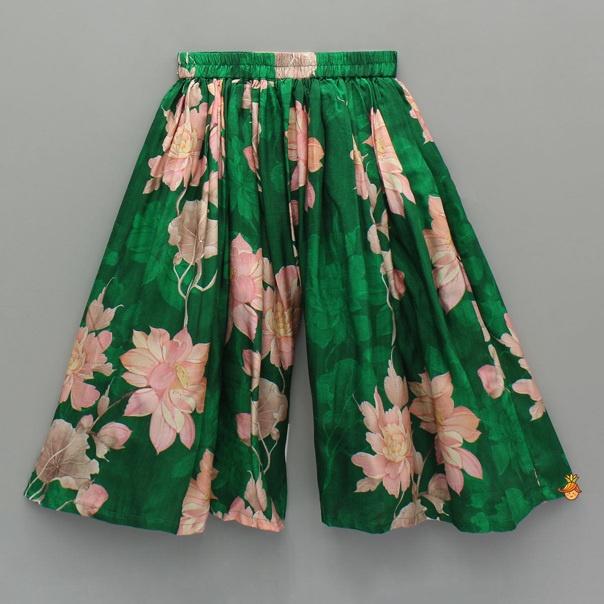 Pleated Neckline Peach Printed Top And Floral Printed Green Palazzo