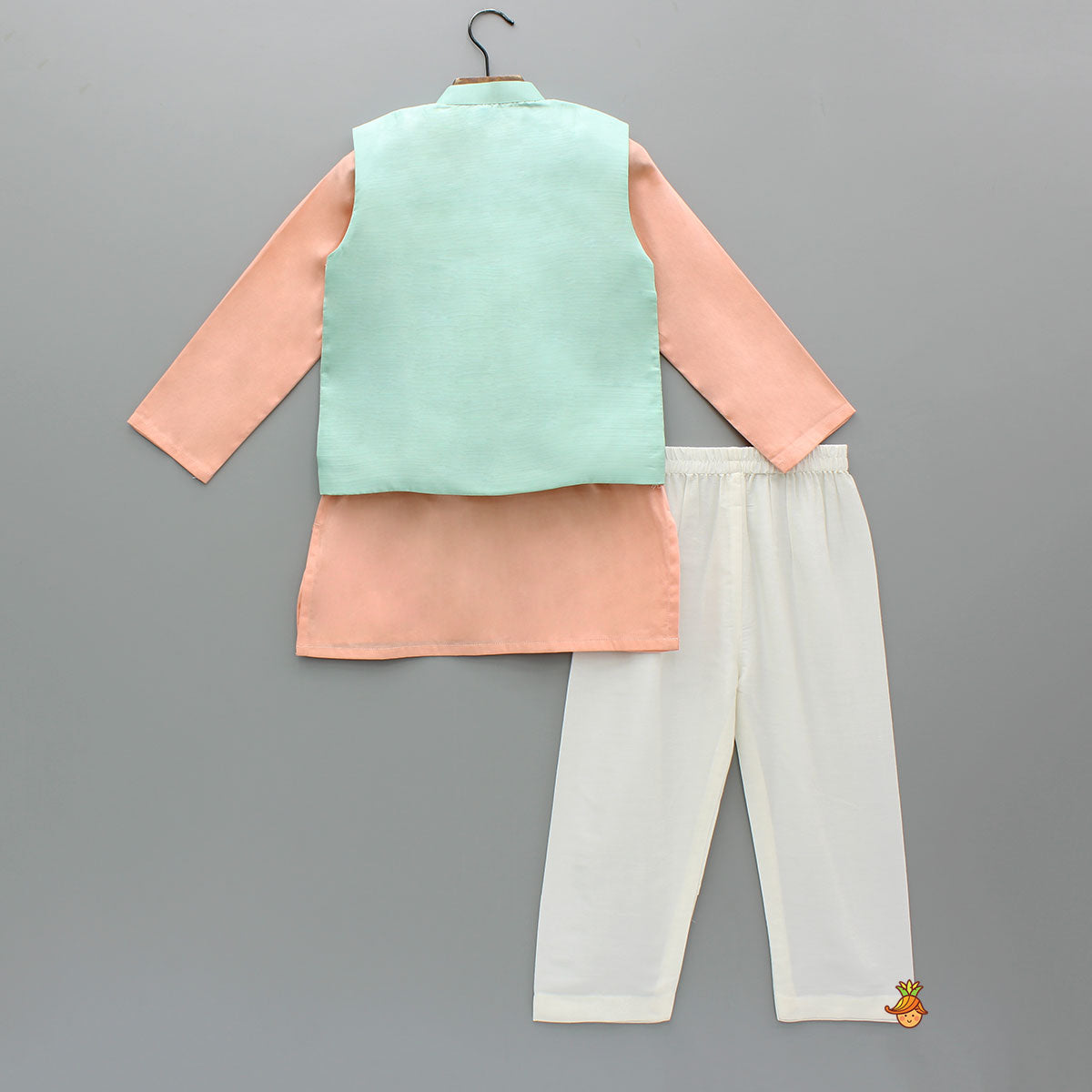 Peach Kurta With Embroidered Multicolor Jacket And Pyjama